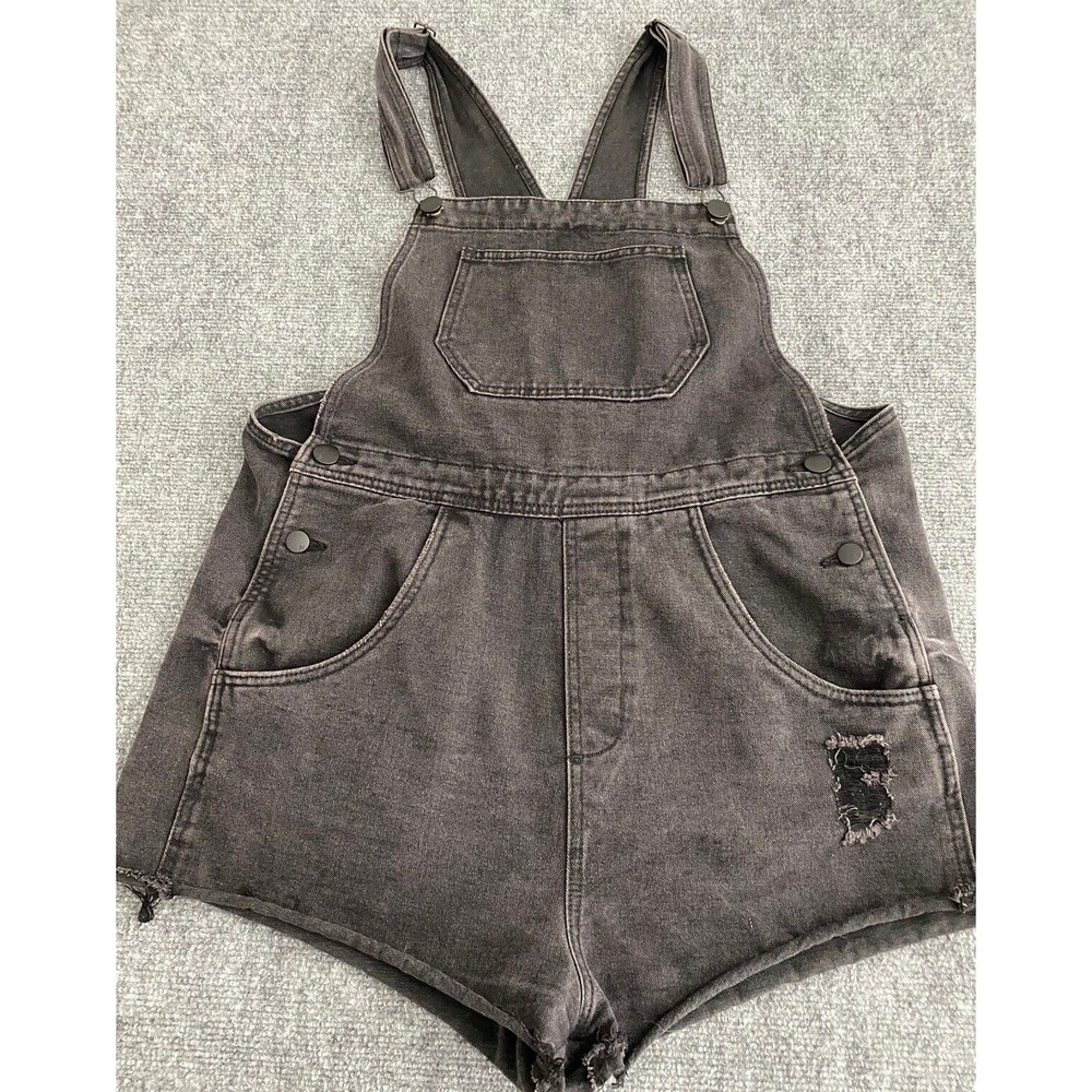 91 Cotton Short Overalls Womens 10 Black Distressed Denim Utility Cargo 90s